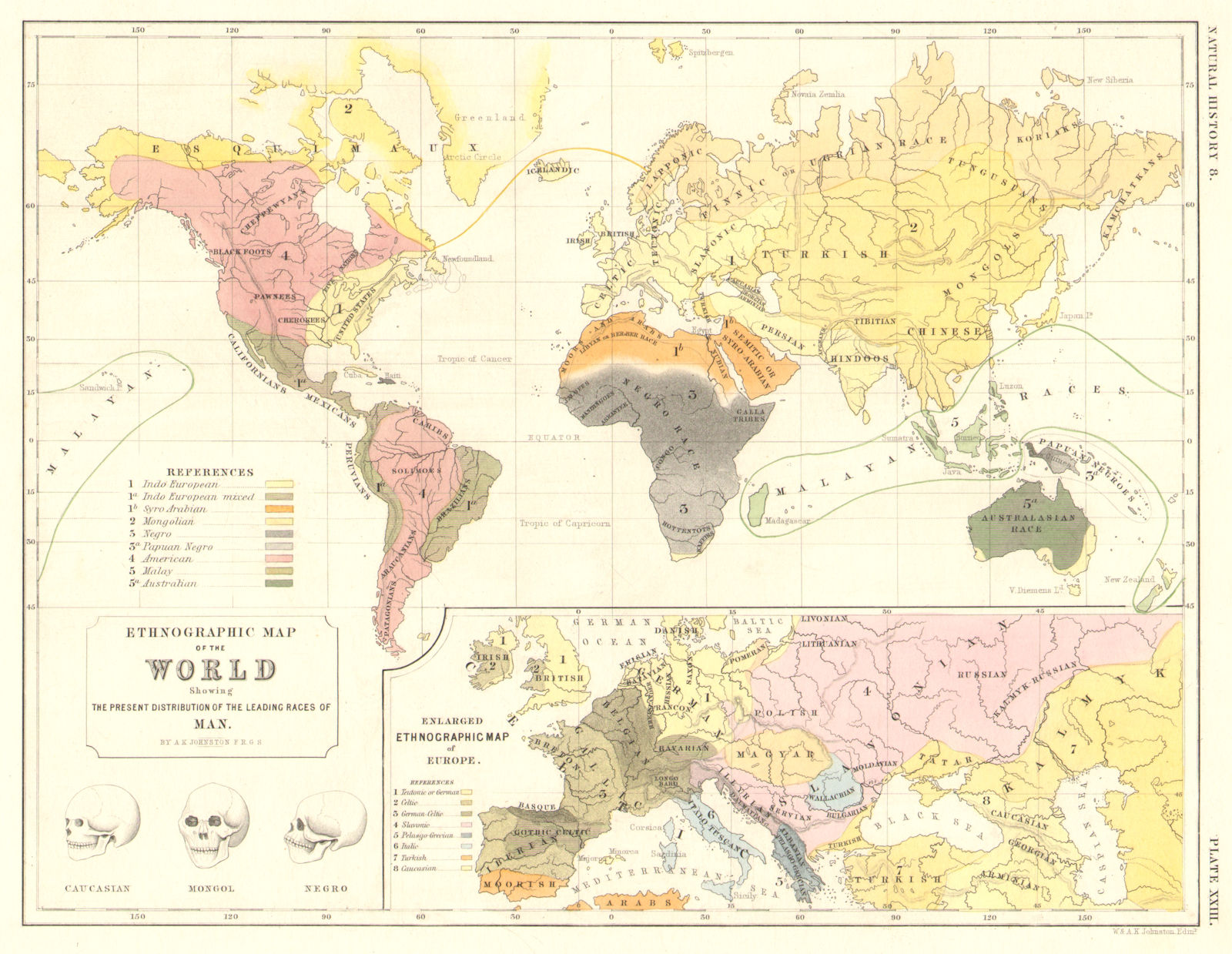 WORLD. Ethnographic distribution map of the World. Inset Europe 1850 old